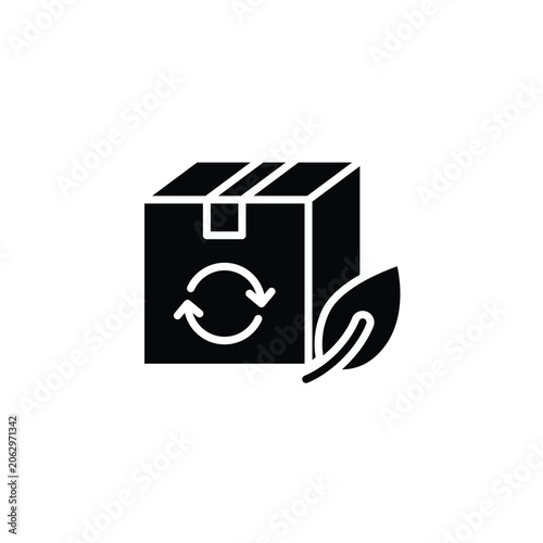 Sustainable Packaging icon. Box with recycling symbol and leaf. Sustainability, automation, technology. Flat design style.