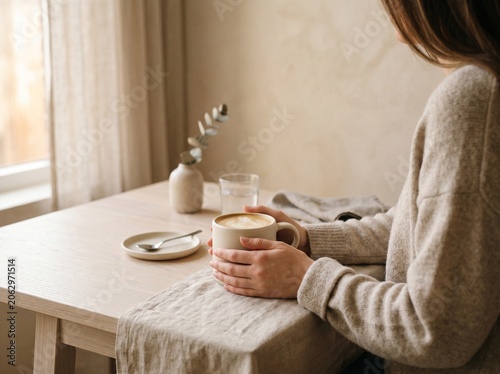 Woman Holding a Warm Cup of Coffee with Latte Art on a Cozy Table Setting