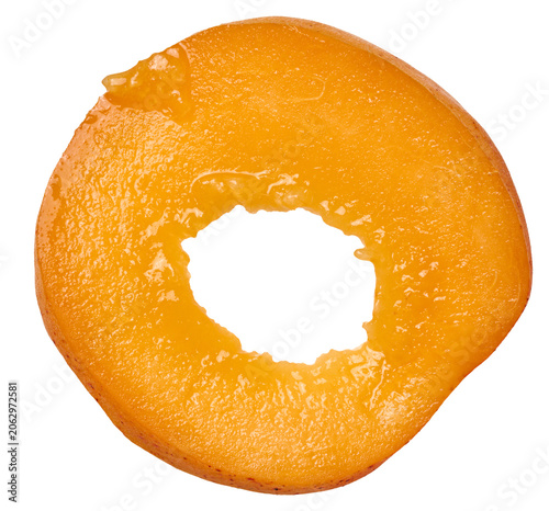 Fotografie Juicy round slice of ripe apricot with core cut out in the center