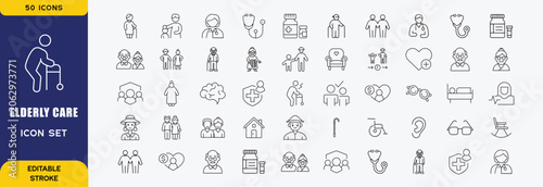 Elderly care  icons in line style editable stroke. Care, pension, senior, grandparents, wheelchair, doctor, alzheimer, caregiver, retirement, collection. Editable stroke. Vector illustration