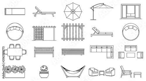 Outdoor furniture plan view CAD block set sunbed pergola bench hammock sofa vector symbols
