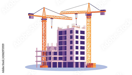 Construction site with two cranes.