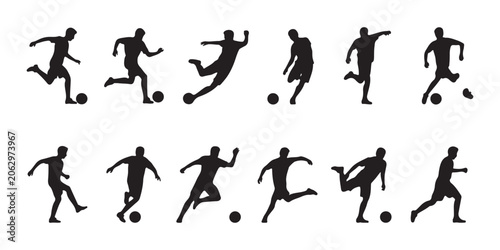 Cuadro en lienzo Soccer players collection, set of twelve different football player silhouettes with ball isolated