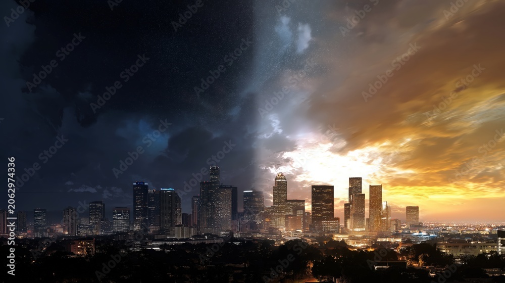 Fototapeta premium A city skyline transitions from night to day, with stars and dark clouds on one side and a bright sunrise on the other, highlighting urban contrast and time change.