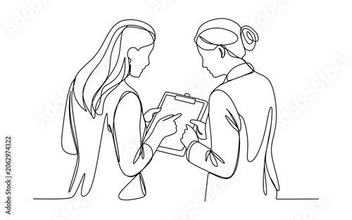 Continuous One Line Drawing of Two Businesswomen Discussing Project with Clipboard and Tablet