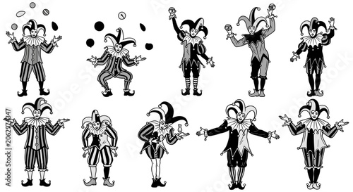 Tableau sur toile Collection of cheerful jesters and clowns performing various actions, isolated w