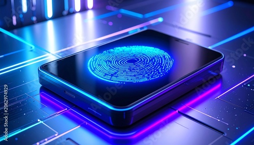 Futuristic microchip with glowing blue fingerprint, neon circuitry in purple and pink tones, metallic surface, symbolizing biometric security, encryption, and advanced digital technology design.