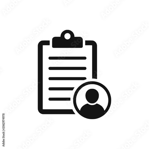 Black icon of clipboard with user profile isolated on transparent background, Vector