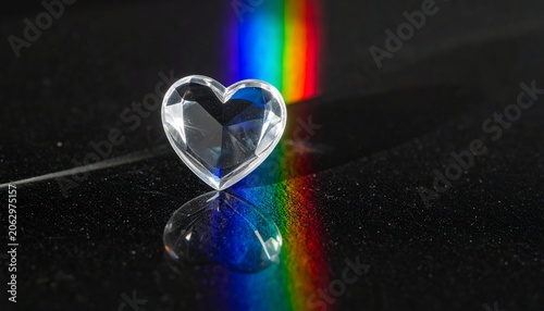 Transparent glass heart refracting rainbow light on dark surface, vivid color spectrum of red to violet, artistic representation of love, light dispersion, and optical beauty in minimal composition.