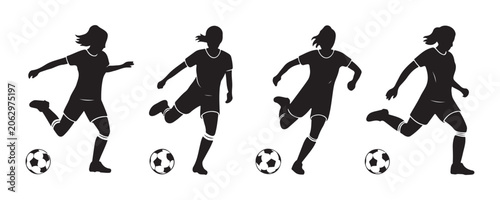 Female soccer players silhouettes set with balls isolated on white background athletic girls kick ball.