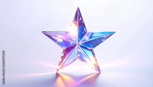 Five-pointed faceted crystal star refracting light into iridescent hues of blue, pink, and orange, placed on reflective surface under soft illumination, symbolizing brilliance and geometric beauty.