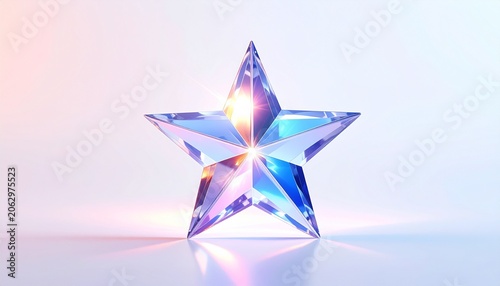 Five-pointed faceted crystal star refracting light into iridescent hues of blue, pink, and orange, placed on reflective surface under soft illumination, symbolizing brilliance and geometric beauty.