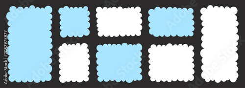 Cute pastel fluffy label set. White and blue cloud shaped frames. Fun rounded smoke borders, square and  rectangle badges. Bubble boxes, cloudy decorative elements.