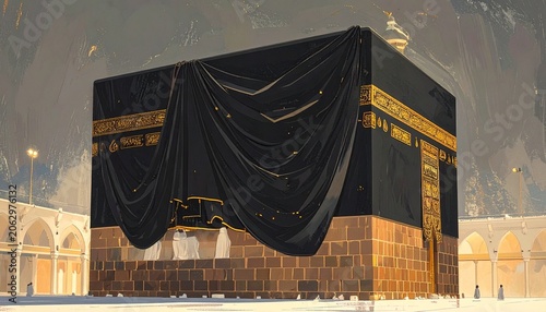   
The Kaaba in Mecca draped in black Kiswah with golden Arabic calligraphy, illuminated courtyard arches, sacred Islamic architecture symbolizing unity, devotion, and spiritual pilgrimage.