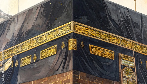   
The Kaaba in Mecca draped in black Kiswah with golden Arabic calligraphy, illuminated courtyard arches, sacred Islamic architecture symbolizing unity, devotion, and spiritual pilgrimage.