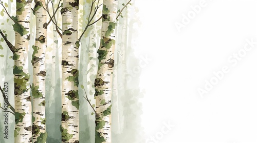Birch tree trunks with moss in misty forest watercolor painting concept