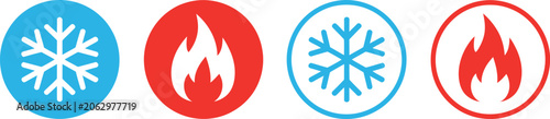 Hot and cold icon set, climate control symbols featuring flame and ice snowflake for temperature regulation HVAC system and digital thermostat interface graphics.