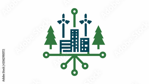 A minimalist graphic icon representing sustainable urban development and green energy