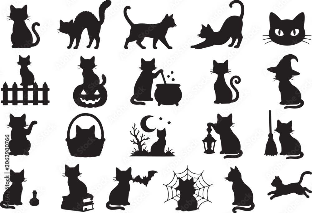 Obraz premium Black cats and Halloween icons arranged in a.