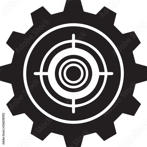 Black gear icon with white target symbol isolated on transparent background