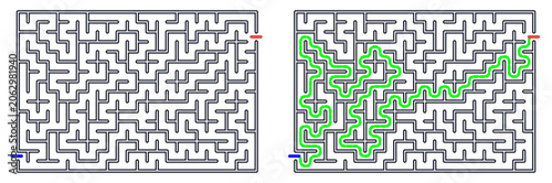 Logic game with labyrints,Maze game,Maze Puzzle foor kids,Labyrinth With Entry And Exit,Maze For Activiity Book,Puzzle Labyrinth, Maze puzzle layout with solution path highlighted in green  