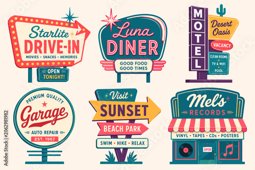 A collection of six retro-style American roadside business signs, including a drive-in, diner, motel, garage, beach park direction, and record store, in a flat illustration style.