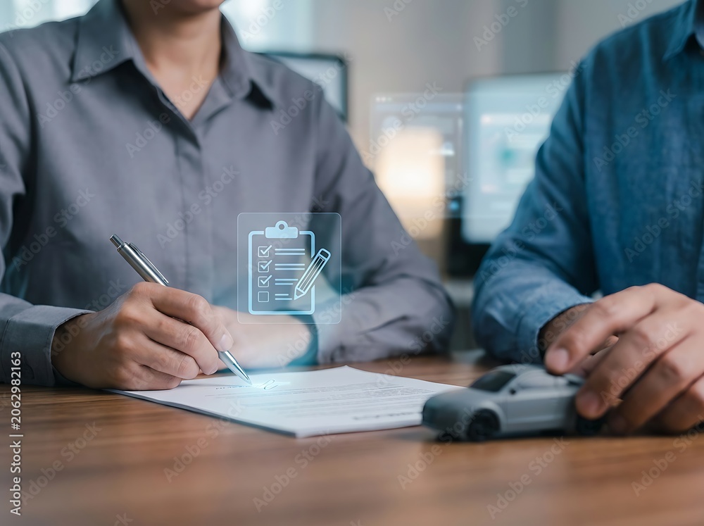 Fototapeta premium Auto insurance agreement signing with person writing on document next to a small car model on a wooden office table, insurance