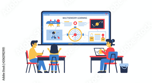 Interactive Multisensory Learning Concept with Students and Digital Display in Modern Educational Technology Illustration