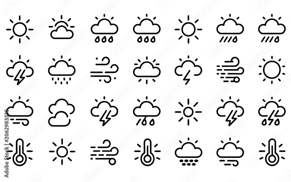 Obraz premium Weather Forecast Icons Set Minimal Outline Weather Symbols Collection