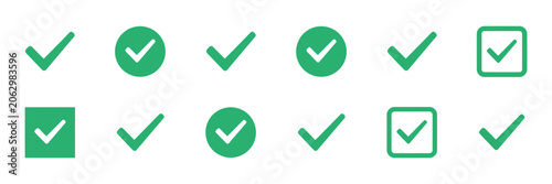 Vászonkép Checkmark icon set, green check mark and tick symbols, approval confirmation and correct choice icons, checklist validation vector illustration