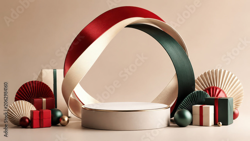 Sophisticated holiday branding stage using sculptural ribbons, gifts and premium seasonal colors.