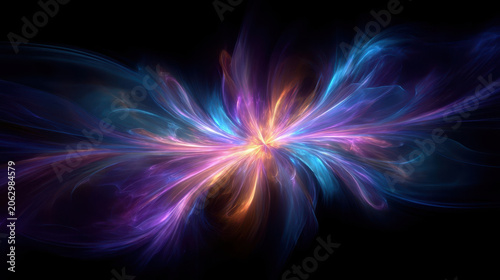 Abstract colorful light burst on black background, futuristic energy wave, glowing movement and digital art