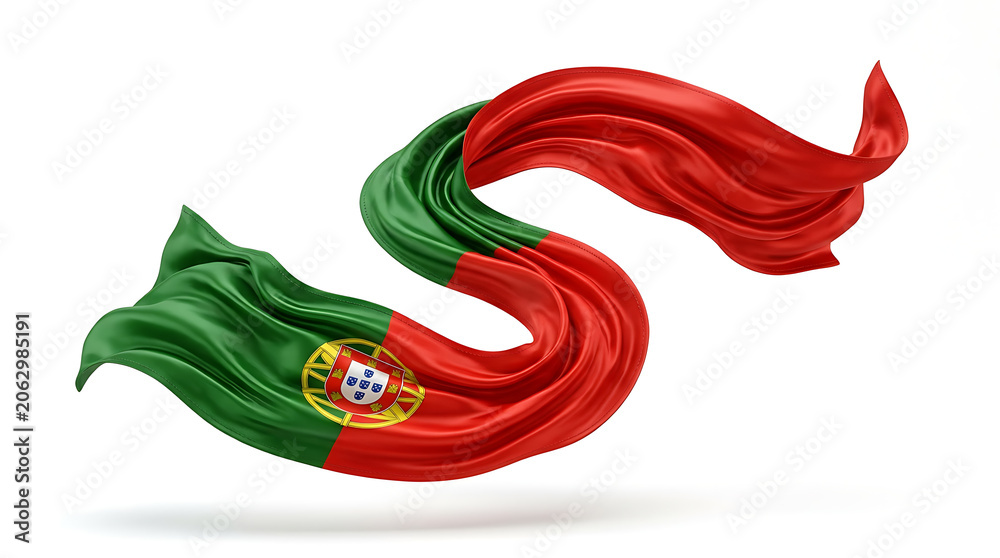 Fototapeta premium Dynamic artistic representation of the Portuguese flag with flowing fabric effects emphasizing national pride and cultural