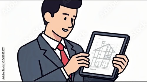 Architect showing house blueprint on digital tablet
