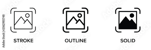 Tableau sur toile Capture image icon set, take photo and screenshot symbols, camera and UI capture icons, stroke outline and solid vector illustration EPS10