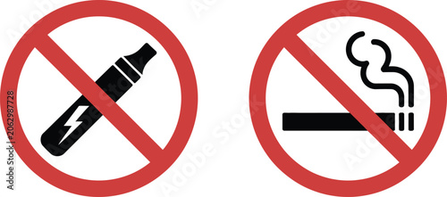 No smoking, no vaping sign set, universal prohibition symbols with cigarette and e-cigarette crossed icons for restricted zone safety and warning notice graphics.