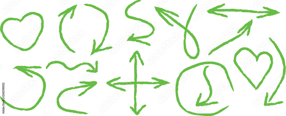 Fototapeta premium Hand Drawn Green Arrows and Heart Doodle Elements Set in Sketch Line Art Style