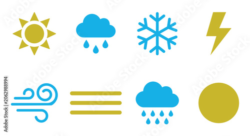 Foto Flat weather icons and sun, lightning, fog and rainy cloud for widget design
