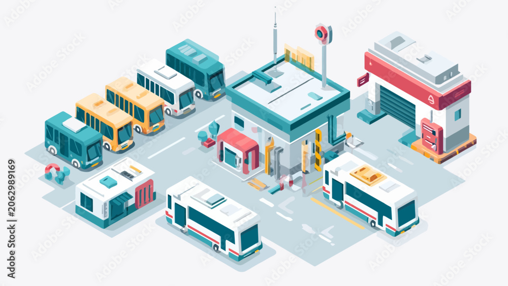 Fototapeta premium An isometric illustration of a modern bus depot with several parked vehicles