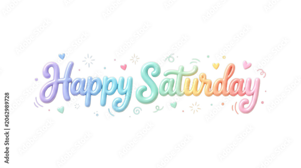 Fototapeta premium Happy Saturday Rainbow Text Balloons with Hearts and Sparkles on White Background