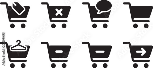 Shopping cart icons collection for e-commerce website interface elements featuring various purchase actions and store features.