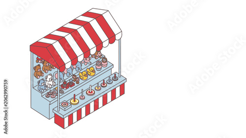 A cheerful outdoor market stand under a bright red and white striped canopy providing various engaging games and delightful refreshments for happy families and eager children enjoying festival