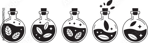 Quadro su tela Glass bottles with magical potion liquid and floating forest leaves isolated on transparent background for fantasy concept