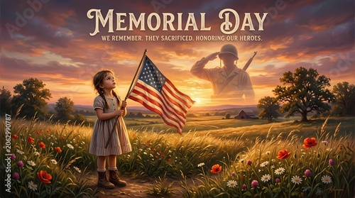 Memorial day illustration with a young girl holding an american flag and a soldier