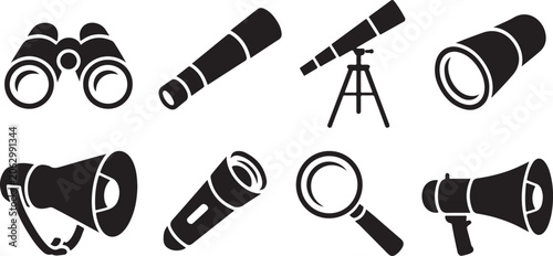 Fotografie Optical instruments collection including binoculars telescopes spotting scopes megaphones flashlights and magnifying lens tools