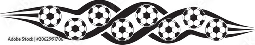 Abstract soccer ball movement composition featuring repeating round football patterns along dynamic curved shapes for sport banner.