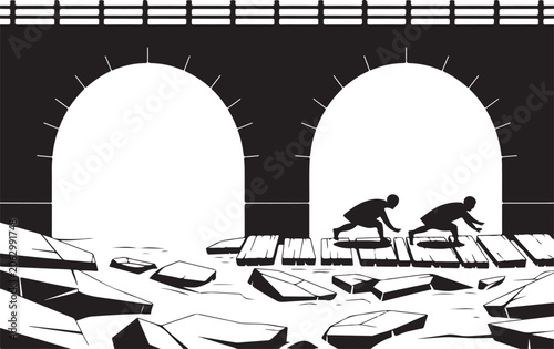 Canvas-taulu Silhouette of two children playing on wooden planks near stone bridge archways over river water surface in dark gloomy mood style