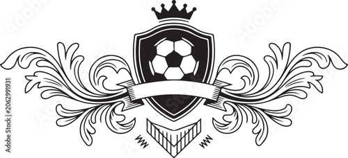 Fotografie Heraldic crest featuring soccer ball placed inside shield with crown above decorative scroll work and leafy floral elements