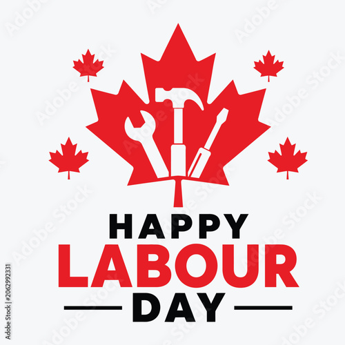 Happy Labour Day Canada Typography Poster with Maple Leaf and Worker Tools