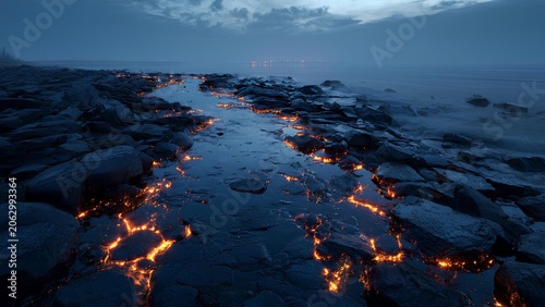 Mysterious glowing orange light reflecting on wet rocks along a dark, misty coastline at twilight.